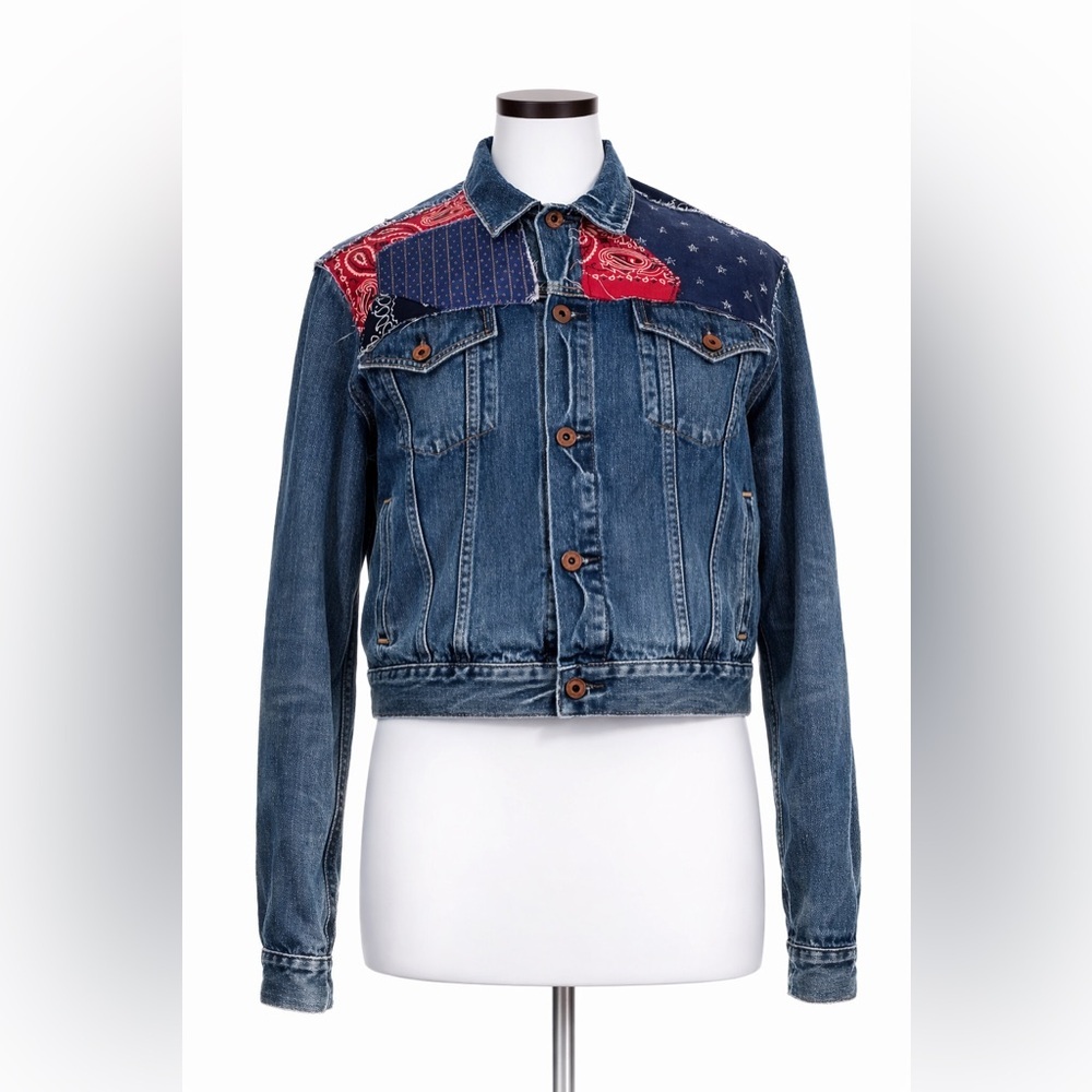 Polo Ralph Lauren Women's Denim Jacket XL Trucker Bandana Paisley Patchwork Flag